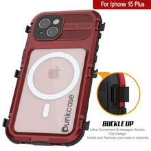 Load image into Gallery viewer, iPhone 15 Plus Metal Extreme 2.0 Series es una carcasa de aluminio resistente al agua IP68 con protector de pantalla incorporado [Rojo-Negro].
