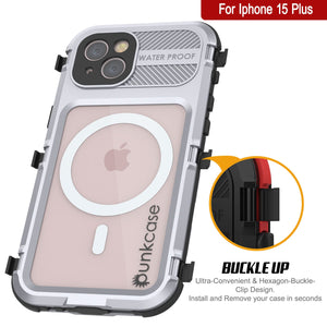 iPhone 15 Plus Metal Extreme 2.0 Series Aluminum Waterproof Case IP68 W/Buillt in Screen Protector [White]
Funda impermeable de aluminio de la serie Metal Extreme 2.0 para iPhone 15 Plus IP68 con protector de pantalla incorporado [Blanco]