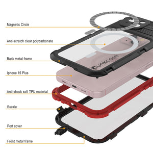 iPhone 15 Plus Metal Extreme 2.0 Series Aluminum Waterproof Case IP68 con Protector de Pantalla Incorporado [Negro-Rojo]