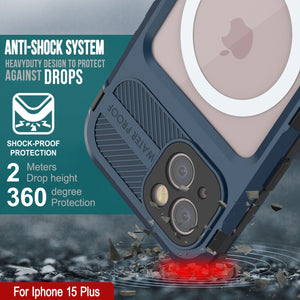 Funda a prueba de agua de aluminio serie iPhone 15 Plus Metal Extreme 2.0 IP68 con protector de pantalla incorporado [Azul]