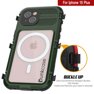 iPhone 15 Plus Metal Extreme 2.0 Series Aluminum Waterproof Case IP68 W/Built in Screen Protector [Dark-Green] 

iPhone 15 Plus Metal Extreme 2.0 Series Aluminum Waterproof Case IP68 con Protector de Pantalla Incorporado [Verde Oscuro]