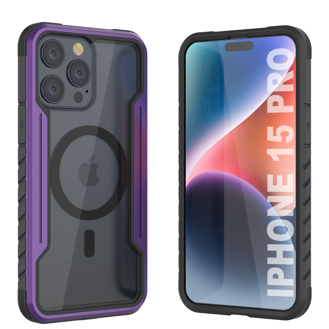 Carcasa defensiva de grado militar Punkcase Stealth MAG Armor Pro para iPhone 15, protectora de múltiples capas [morado].