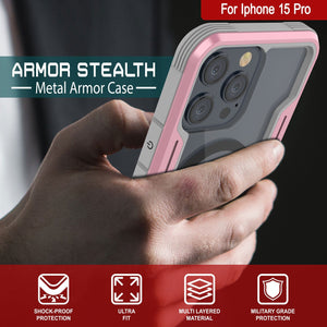 Funda de protección Punkcase iPhone 15 Pro Armor Stealth MAG Defense, cubierta protectora de varias capas de grado militar [Rose-Gold].