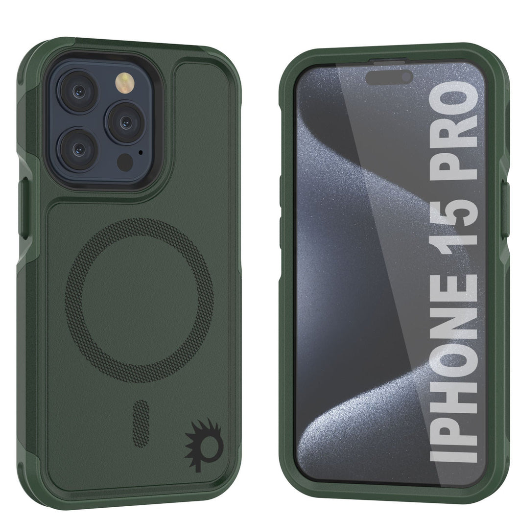Funda PunkCase iPhone 15 Pro, [Serie Spartan 2.0] Funda Resistente y Robusta Transparente con Protector de Pantalla Incorporado [verde oscuro]