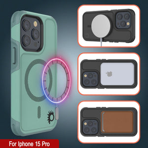 Funda PunkCase para iPhone 15 Pro, [Serie Spartan 2.0] Cubierta Transparente Resistente y Robusta con Protector de Pantalla Incorporado [verde azulado]