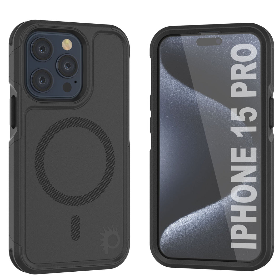 Carcasa PunkCase para iPhone 15 Pro, Serie Spartan 2.0 transparente y resistente, con protector de pantalla incorporado [Negro]