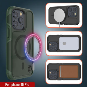 Funda PunkCase iPhone 15 Pro, [Serie Spartan 2.0] Funda Resistente y Robusta Transparente con Protector de Pantalla Incorporado [verde oscuro]