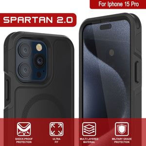 Carcasa PunkCase para iPhone 15 Pro, Serie Spartan 2.0 transparente y resistente, con protector de pantalla incorporado [Negro]
