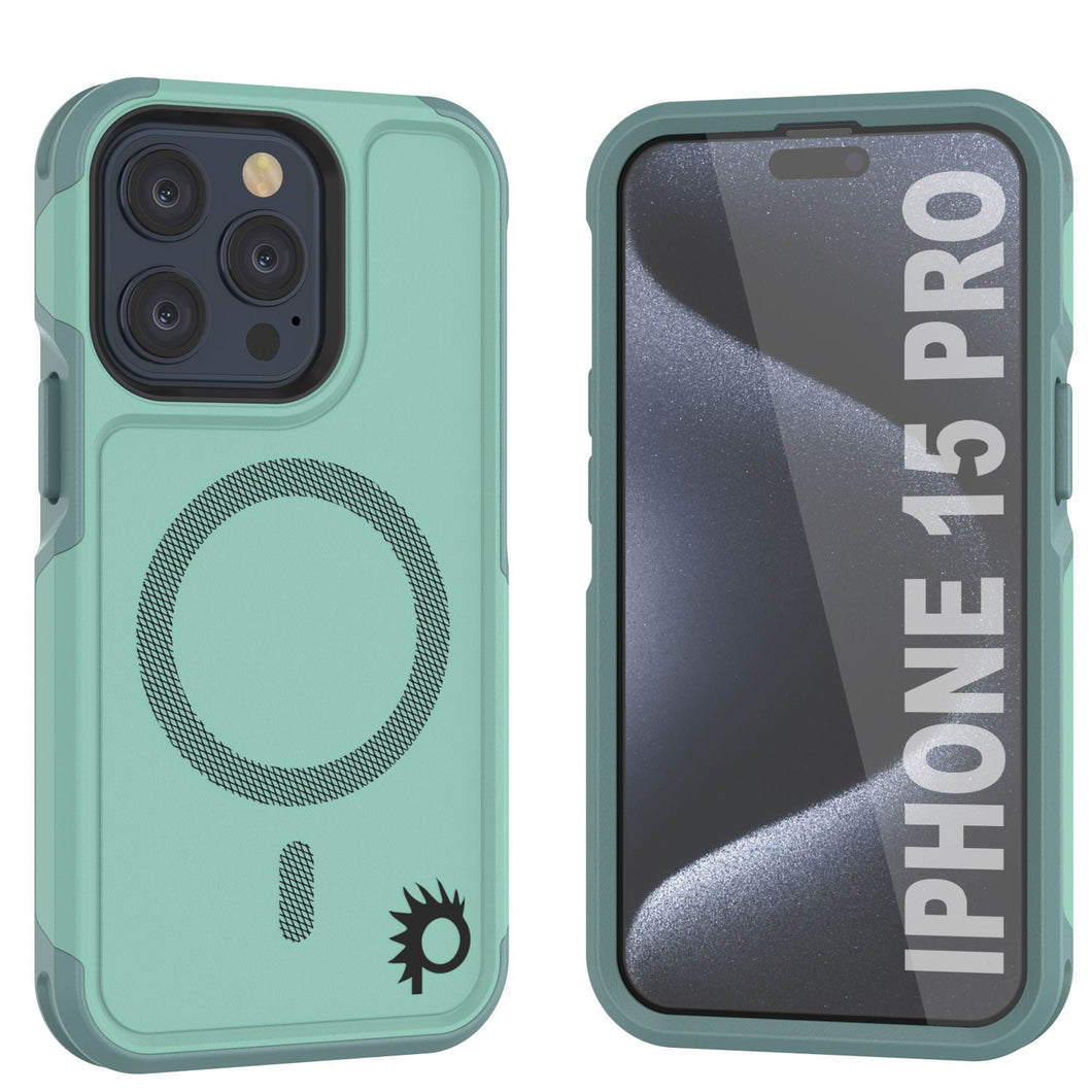 Funda PunkCase para iPhone 15 Pro, [Serie Spartan 2.0] Cubierta Transparente Resistente y Robusta con Protector de Pantalla Incorporado [verde azulado]