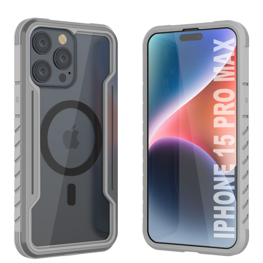 Carcasa protectora Punkcase Armor Stealth MAG Defense resistente para iPhone 15 Pro Max, de grado militar y con múltiples capas de protección [Gris].