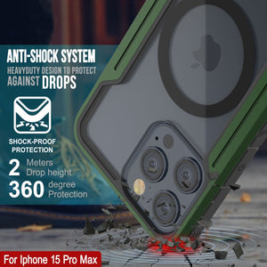 Punkcase iPhone 15 Pro Max Armor Stealth MAG Defense Case es una funda protectora de grado militar con capa múltiple [verde oscuro].
