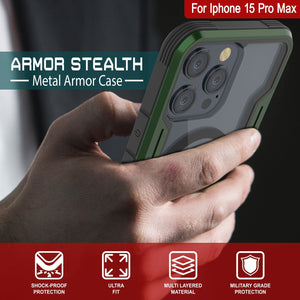 Punkcase iPhone 15 Pro Max Armor Stealth MAG Defense Case es una funda protectora de grado militar con capa múltiple [verde oscuro].