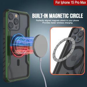 Punkcase iPhone 15 Pro Max Armor Stealth MAG Defense Case es una funda protectora de grado militar con capa múltiple [verde oscuro].