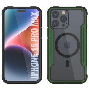 Punkcase iPhone 15 Pro Max Armor Stealth MAG Defense Case es una funda protectora de grado militar con capa múltiple [verde oscuro].