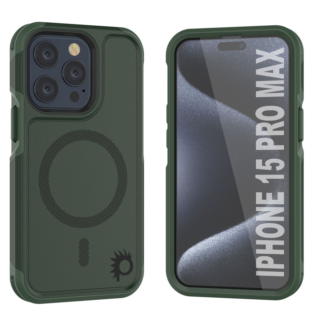 Funda PunkCase iPhone 15 Pro Max, [Serie Spartan 2.0] Cubierta Resistente Transparente con Protector de Pantalla Incorporado [verde oscuro]