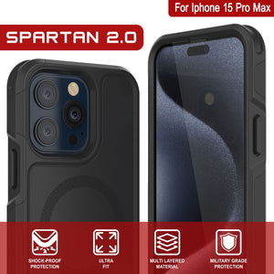 Funda PunkCase iPhone 15 Pro Max, [Serie Spartan 2.0] Funda Transparente Resistente y Robusta con Protector de Pantalla Incorporado [Negro]