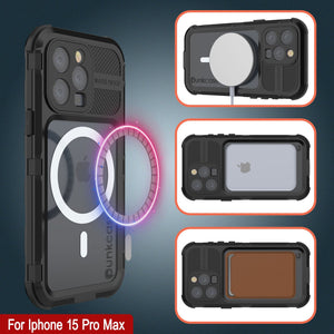 iPhone 15 Pro Max Metal Extreme 2.0 Series Funda impermeable de aluminio IP68 con protector de pantalla incorporado [Negro]