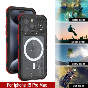 iPhone 15 Pro Max Metal Extreme 2.0 Series Funda impermeable de aluminio IP68 con protector de pantalla incorporado [Negro-Rojo]