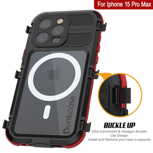 iPhone 15 Pro Max Metal Extreme 2.0 Series Funda impermeable de aluminio IP68 con protector de pantalla incorporado [Negro-Rojo]