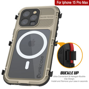 iPhone 15 Pro Max Metal Extreme 2.0 Series Funda impermeable de aluminio IP68 con protector de pantalla incorporado [Dorado]