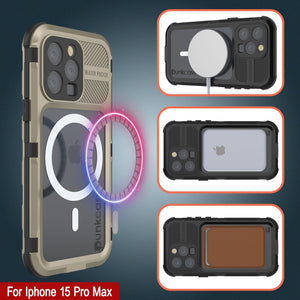 iPhone 15 Pro Max Metal Extreme 2.0 Series Funda impermeable de aluminio IP68 con protector de pantalla incorporado [Dorado]