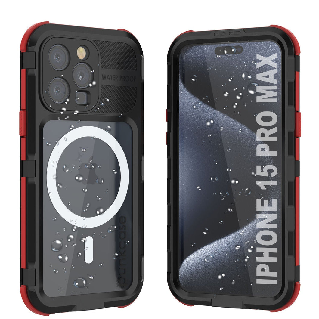 iPhone 15 Pro Max Metal Extreme 2.0 Series Funda impermeable de aluminio IP68 con protector de pantalla incorporado [Negro-Rojo]