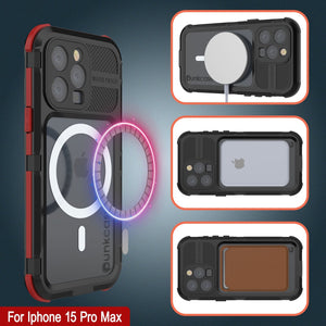 iPhone 15 Pro Max Metal Extreme 2.0 Series Funda impermeable de aluminio IP68 con protector de pantalla incorporado [Negro-Rojo]