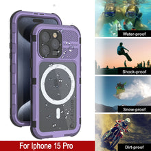 Cargar imagen en el visor de la galería, Funda impermeable de aluminio serie Metal Extreme 2.0 para iPhone 15 Pro con clasificación IP68 y protector de pantalla incorporado [morado].
