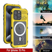 Load image into Gallery viewer, iPhone 15 Pro Metal Extreme 2.0 Series Aluminum Waterproof Case IP68 con protector de pantalla incorporado [Amarillo]
