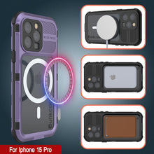 Cargar imagen en el visor de la galería, Funda impermeable de aluminio serie Metal Extreme 2.0 para iPhone 15 Pro con clasificación IP68 y protector de pantalla incorporado [morado].
