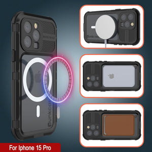 iPhone 15 Pro Metal Extreme 2.0 Serie Funda de Aluminio Impermeable IP68 con Protector de Pantalla Incorporado [Negro]
