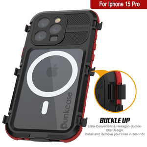 iPhone 15 Pro Metal Extreme 2.0 Series Aluminum Waterproof Case IP68 W/Buillt in Screen Protector [Black-Red]

Funda impermeable de aluminio de la serie Metal Extreme 2.0 para iPhone 15 Pro con IP68, con protector de pantalla incorporado [Negro-Rojo].