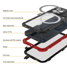 Load image into Gallery viewer, iPhone 15 Pro Metal Extreme 2.0 Series Aluminum Waterproof Case IP68 W/Buillt in Screen Protector [Black-Red]

Funda impermeable de aluminio de la serie Metal Extreme 2.0 para iPhone 15 Pro con IP68, con protector de pantalla incorporado [Negro-Rojo].
