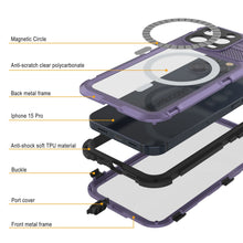 Cargar imagen en el visor de la galería, Funda impermeable de aluminio serie Metal Extreme 2.0 para iPhone 15 Pro con clasificación IP68 y protector de pantalla incorporado [morado].
