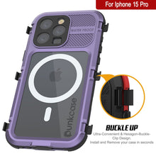 Cargar imagen en el visor de la galería, Funda impermeable de aluminio serie Metal Extreme 2.0 para iPhone 15 Pro con clasificación IP68 y protector de pantalla incorporado [morado].

