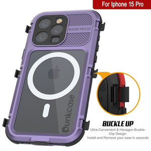 Funda impermeable de aluminio serie Metal Extreme 2.0 para iPhone 15 Pro con clasificación IP68 y protector de pantalla incorporado [morado].