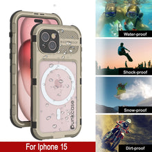 Cargar imagen en el visor de la galería, Descripción del producto: Funda impermeable de aluminio de la serie Metal Extreme 2.0 para iPhone 15 IP68 con protector de pantalla incorporado [Dorado]

