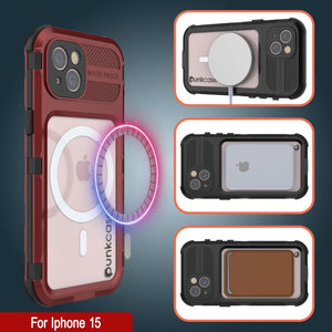Funda resistente al agua de aluminio de la Serie Metal Extreme 2.0 para iPhone 15, IP68 con protector de pantalla incorporado [Rojo-Negro]