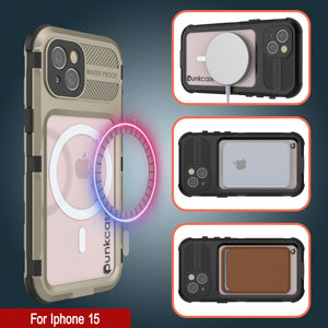 Descripción del producto: Funda impermeable de aluminio de la serie Metal Extreme 2.0 para iPhone 15 IP68 con protector de pantalla incorporado [Dorado]