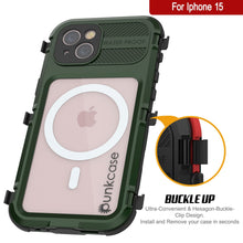 Cargar imagen en el visor de la galería, iPhone 15 Metal Extreme 2.0 Series Funda impermeable de aluminio IP68 con protector de pantalla incorporado [Verde Oscuro]
