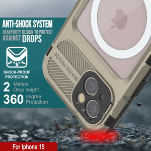 Descripción del producto: Funda impermeable de aluminio de la serie Metal Extreme 2.0 para iPhone 15 IP68 con protector de pantalla incorporado [Dorado]