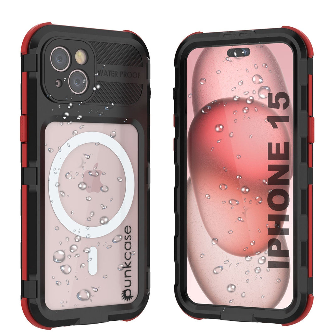 El estuche impermeable iPhone 15 Serie Metal Extreme 2.0 de aluminio IP68 con protector de pantalla incorporado [Negro-Rojo]
