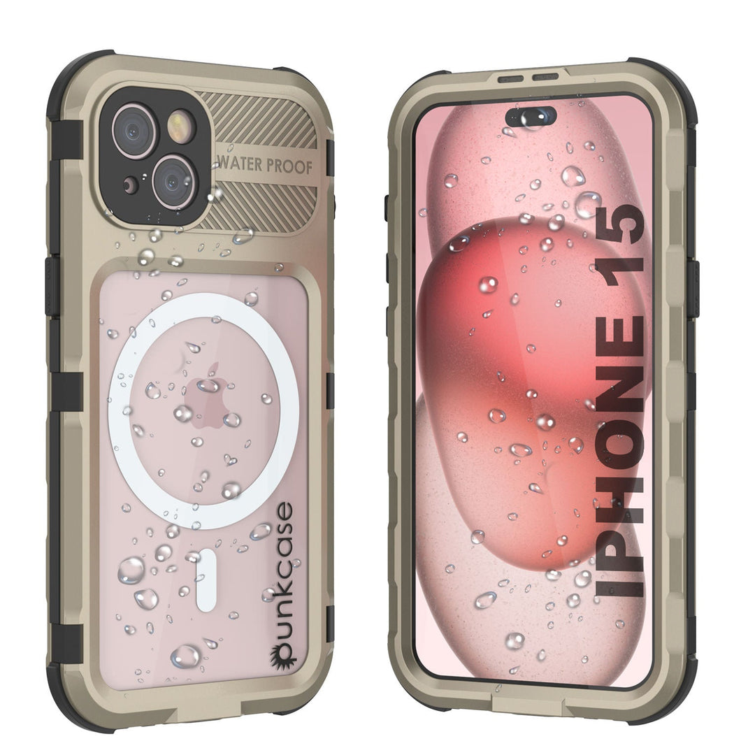 Descripción del producto: Funda impermeable de aluminio de la serie Metal Extreme 2.0 para iPhone 15 IP68 con protector de pantalla incorporado [Dorado]
