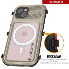 Cargar imagen en el visor de la galería, Descripción del producto: Funda impermeable de aluminio de la serie Metal Extreme 2.0 para iPhone 15 IP68 con protector de pantalla incorporado [Dorado]
