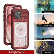 Cargar imagen en el visor de la galería, Funda resistente al agua de aluminio de la Serie Metal Extreme 2.0 para iPhone 15, IP68 con protector de pantalla incorporado [Rojo-Negro]
