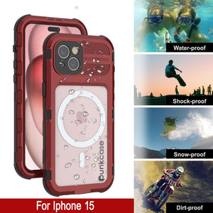 Funda resistente al agua de aluminio de la Serie Metal Extreme 2.0 para iPhone 15, IP68 con protector de pantalla incorporado [Rojo-Negro]