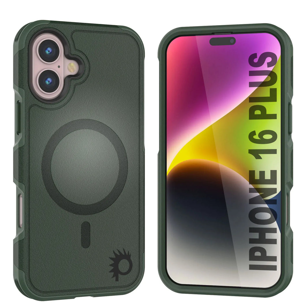 Funda PunkCase para iPhone 16 Plus, [Serie Spartan 2.0], transparente, resistente y duradera, con protector de pantalla incorporado [verde oscuro]