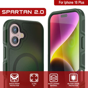 Funda PunkCase para iPhone 16 Plus, [Serie Spartan 2.0], transparente, resistente y duradera, con protector de pantalla incorporado [verde oscuro]