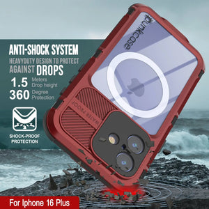 Estuche impermeable de aluminio Metal Extreme 2.0 Series para iPhone 16 Plus con protección IP68 y protector de pantalla incorporado [rojo y negro]