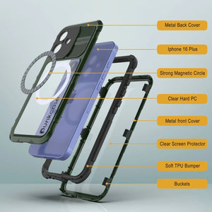 Estuche impermeable de aluminio Metal Extreme 2.0 Series para iPhone 16 Plus con protección IP68 y protector de pantalla incorporado [verde oscuro]